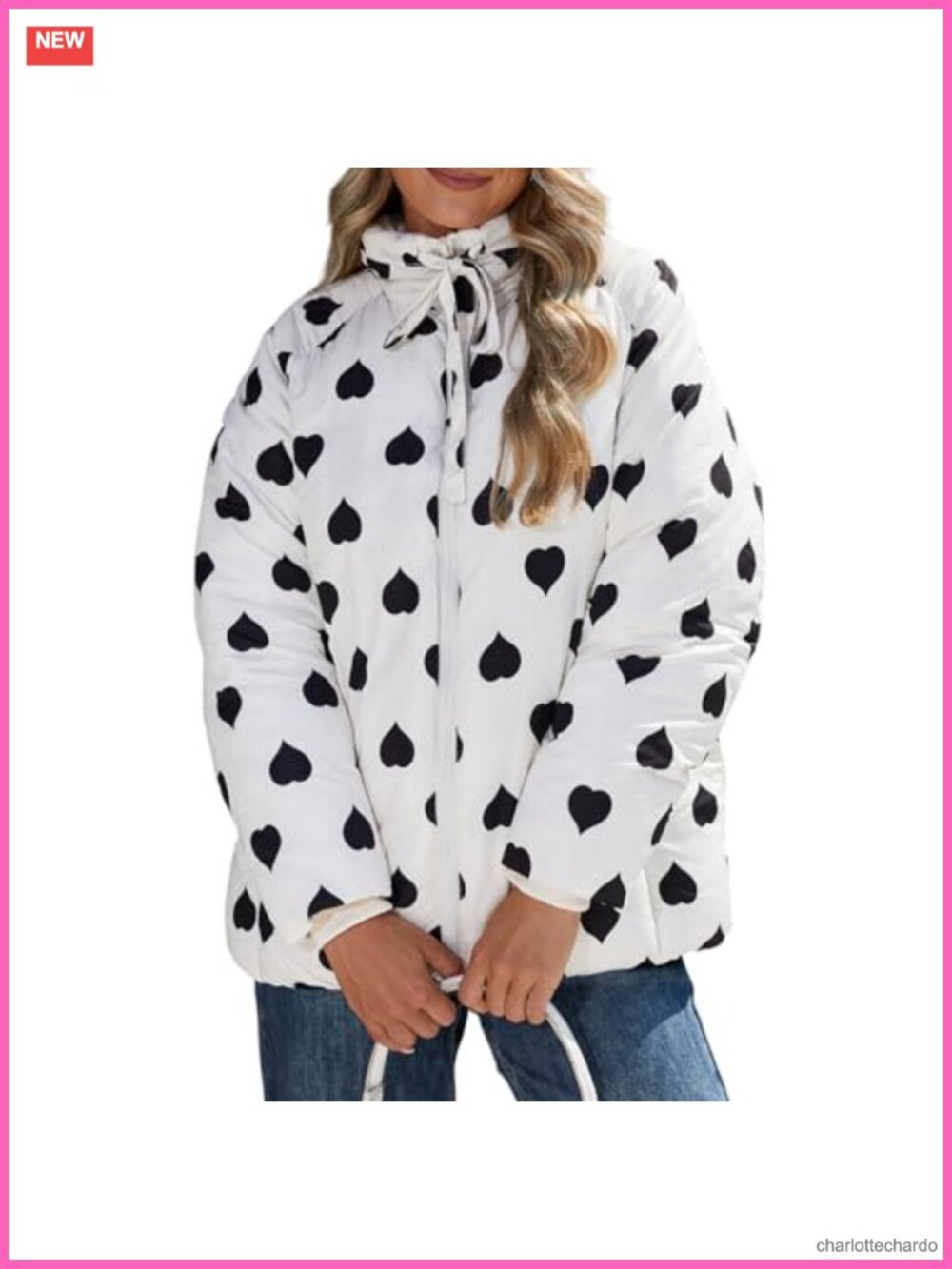 Women's Quilted Puffer Jacket Cropped Heart Print Lightweight Stand Collar Warm